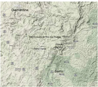 Fig. 31: Mapa da região de Diamantina e Serro. Adaptado de Google Maps (2010). 