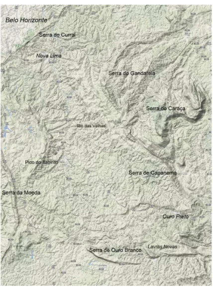 Fig. 32: Mapa do Quadrilátero Ferrífero e a Serra do Gandarela. Adaptado de Google Maps  (2010)