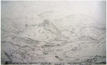Fig. 33: Desenho de Johann Moritz Rugendas, c. 1824. Morro do Frazão, visto da Serra de Ouro 