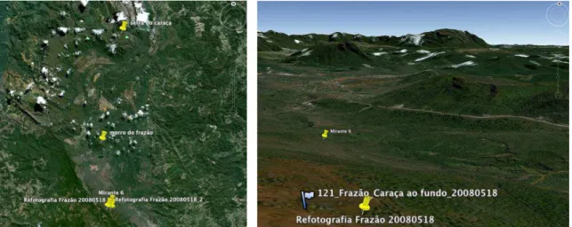 Fig. 34: Mapa a partir de imagens de satélite e simulação 3D da região do Morro do Frazão e  Serra do Caraça