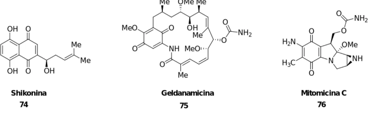 Figura  7  –  Moléculas  com  alto  poder  farmacológico  contendo  o  núcleo  quinônico: Shikonina (74), Geldanamicina (75) e Mitomicina C (76)