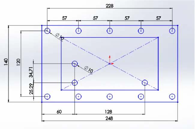 Figure 35: Normal plate dimensions. Positioning of holes and contact surface with graphite block  (inside rectangle) 