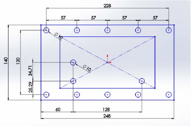 Figure 35: Normal plate dimensions. Positioning of holes and contact surface with graphite block  (inside rectangle) 