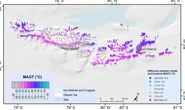 Figure 10. Permafrost temperature map of the Ellsworth Mountains and differences between borehole and modelled MAGT