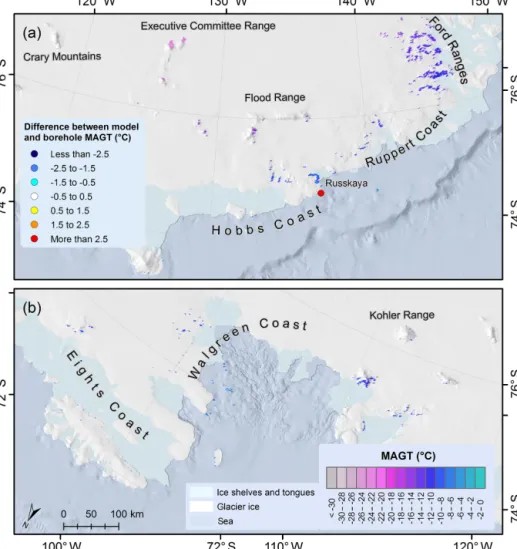 Figure 11. Permafrost temperature maps of Marie Byrd Land and differences between borehole and modelled MAGT