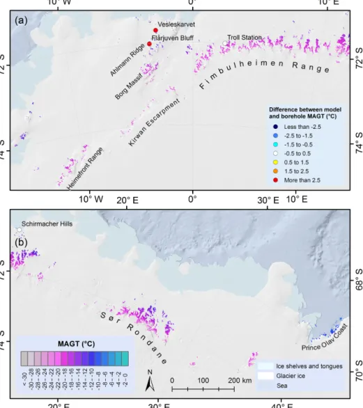 Figure 3. Permafrost temperature maps of Queen Maud Land and differences between borehole and modelled MAGT