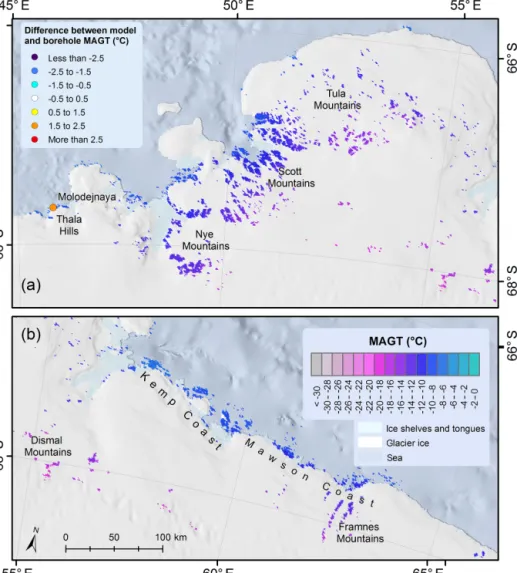 Figure 4. Permafrost temperature maps of Enderby Land and differences between borehole and modelled MAGT