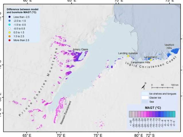 Figure 5. Permafrost temperature map of the Vestfold Hills and differences between borehole and modelled MAGT.
