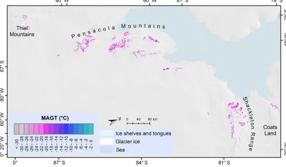 Figure 7. Permafrost temperature map of the Transantarctic Mountains west of the 90 ◦ meridian