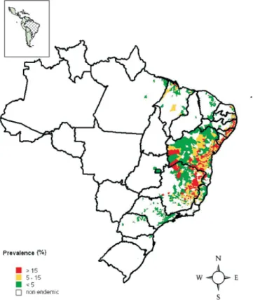 Figura 2: Distribuição da esquistossomose de acordo com o nível de prevalência no Brasil