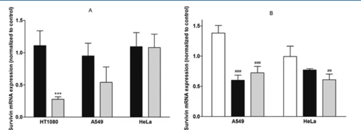 Figure 6. Survivin mRNA knockdown mediated by S4 13 -PV and H 5 -S4 13 -PV peptide-based complexes in HT1080, A549, and HeLa cells