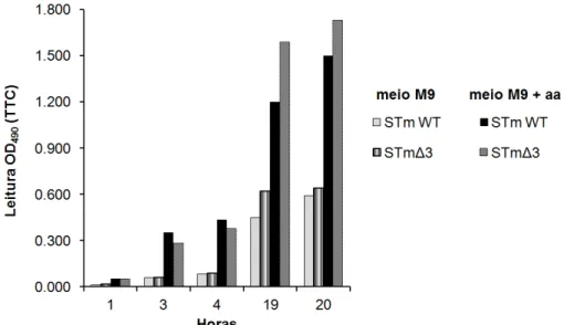 Figura 5: A deleção dos três transportadores ABC não compromete o metabolismo in vitro  de  Salmonella  Typhimurium (STm) em meio mínimo ou suplementado com aminoácidos