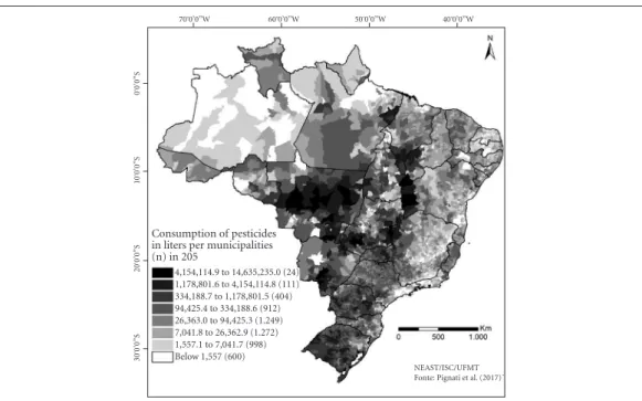 Figure 2. Estimated consumption of pesticides used in crops studied by Brazilian municipality, 2015.