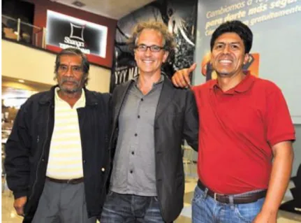 Figura 8: Felipe Roman, Juan Carlos Valdivia e Elio Ortiz no lançamento do filme Yvy Maraey (“Tierra sin  Mal”), em La Paz 