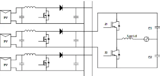 Figura 2.22 - Topologia de conversor Multi-string Two-stages com um Boost DC/DC não isolado e um  inversor Half-bridge [20]