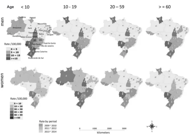Figure 1. Distribution of domestic violence rates in Brazil by period, sex and age (2009-2014)