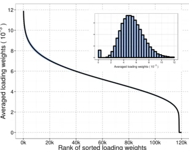 Figure 3.7: Loading weights distribution for a 120, 059-dimensional feature vector (small plot) and ranked in decreasing order (big plot)