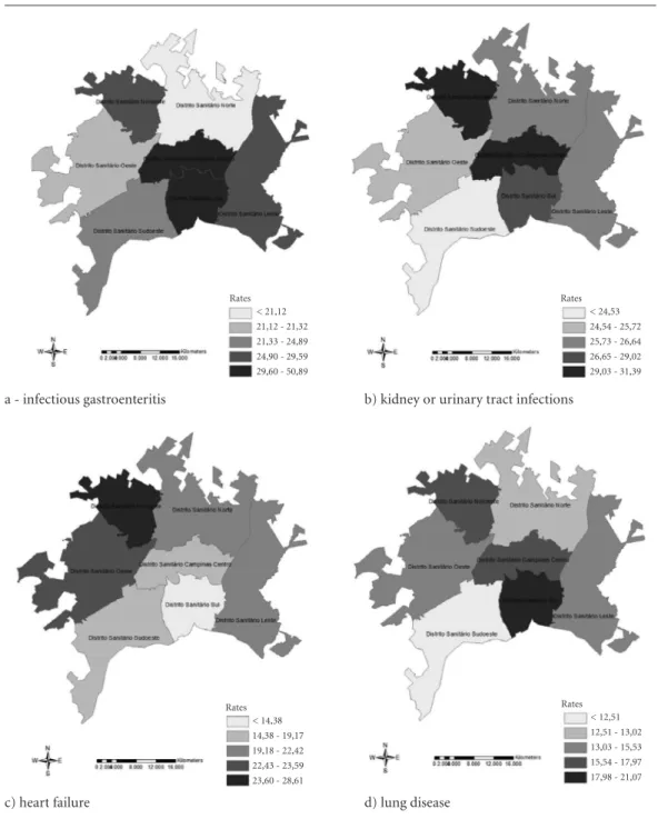 Figure 1. Spatial distribution pattern of adjusted rates of admissions for ACSC considering the 10 most common  groups of sensitive conditions by health district