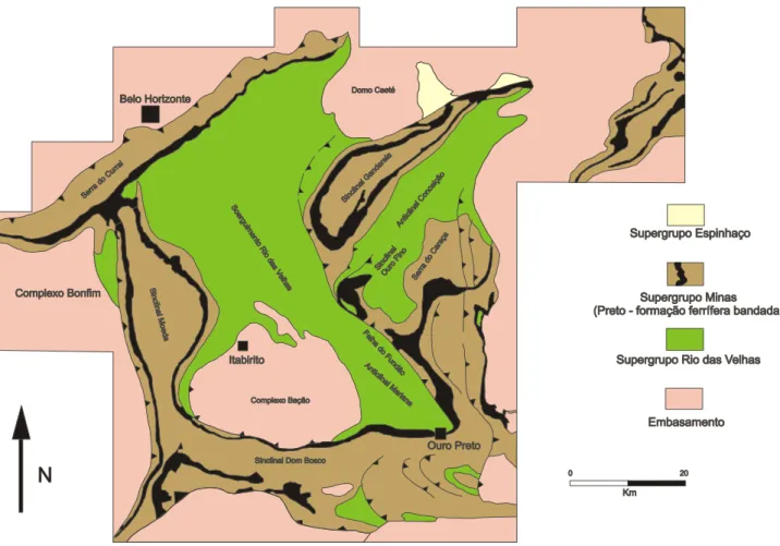 Figura 5.2 – Mapa geológico simplificado do Quadrilátero Ferrífero. Fonte: Alkmim &amp; Marshak  (1998) 