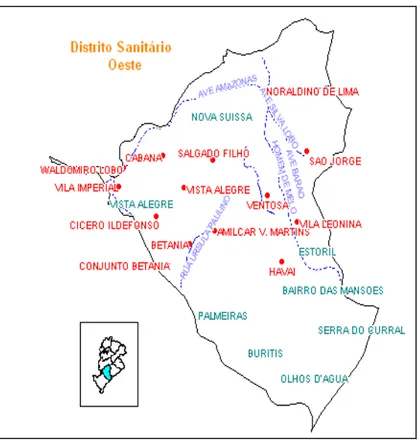 FIGURA 2 - Mapa do Distrito Sanitário Oeste e   das Unidades Básicas que o compõe 