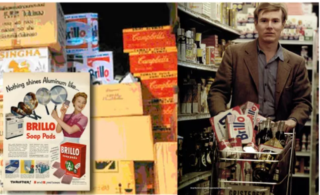 Figura 2 – Brillo Boxes no cotidiano (em um depósito, em uma propaganda e no  supermercado com Andy Warhol - Nova Iorque, 1960)  