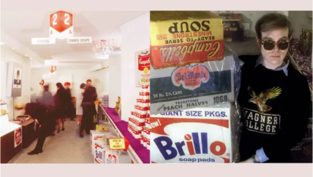 Figura 3 – Exposição American Supermarket, um marco das exposições de Pop  Arte em Nova Iorque, 1964, com obras de, entre outros, Andy Warhol, Claes 