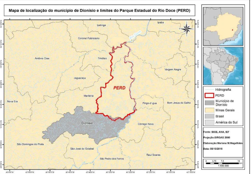 Figura 1. Mapa de localização do Parque Estadual do Rio Doce (limites em vermelho) e município de Dionísio (MG).