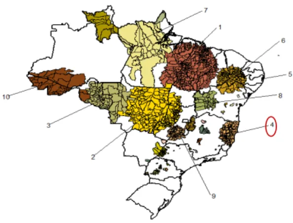 FIGURA 1-Os dez primeiros clusters de casos de hanseníase, identificados por meio do                                     coeficiente de detecção de casos novos no período de 2005 a 2007