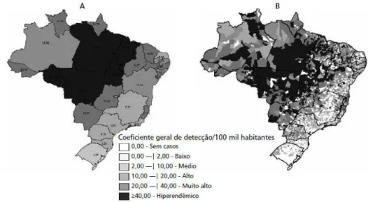 FIGURA 2- Coeficiente geral de detecção de hanseníase por 100 mil habitantes nas Unidades da                       Federação (a) Municípios (b) Brasil-2012