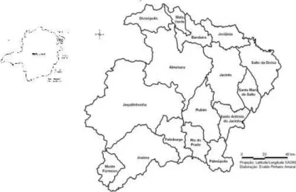 FIGURA 4- Mapa da Microrregião de Almenara com a divisão por municípios.  Fonte: AMARAL, 2008, p