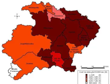 FIGURA 5- Mapa dos municípios da Microrregião de Almenara segundo os         coeficientes de detecção médios da hanseníase 1998 a 2006