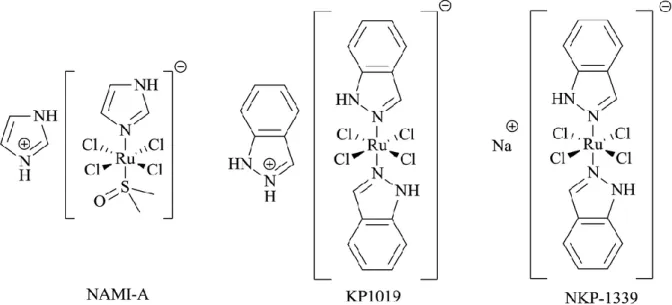 Figura 6.  Fórmula estrutural dos complexos de Ruténio (III): NAMI-A (trans-[RuCl 4 (DMSO)(Im)]ImH,  KP1019  (trans-[RuCl 4 (Ind) 2 ]IndH) e o NKP-1339 (Na[trans-[RuCl 4 (Ind) 2 ]IndH]) – adaptado de [21]