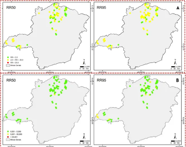 Figura  7.  Distribuição  das  localidades  de  acrodo  com  o  status  de  suscetibilidade/resistência    proposto  pela  OPAS (2005) – A e por  Zerba &amp;PICOLLO (2002) – B