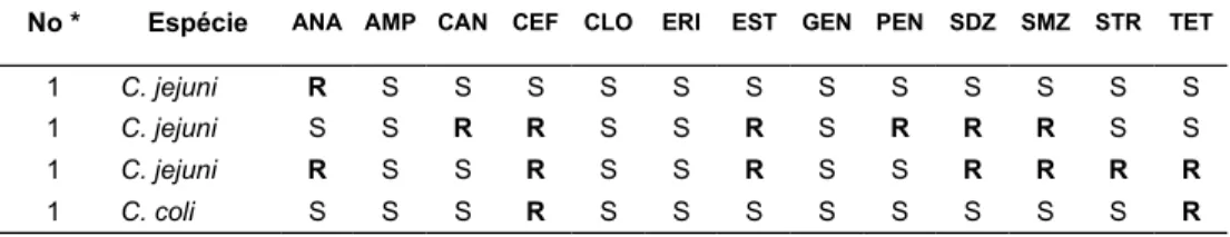 Tabela 6- Perfil de resistência segundo o NCCDS (1994, 1997) das amostras de C. jejuni e C