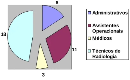 Figura  17  –  Distribuição  gráfica  dos  recursos  humanos  do  SR  da  ULSNA,  por  categorias profissionais  6 11 318 AdministrativosAssistentesOperacionaisMédicosTécnicos deRadiologia Fonte: GPCG, 2009.