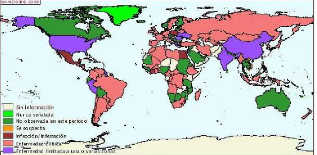 Figura 1 - Mapa da Distribuição da Tuberculose Bovina no Mundo de janeiro a junho de 2005  Fonte: Base de datos del Sistema mundial de información zoosanitaria (WAHID)