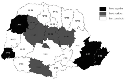 Figura 2. Mapa que demonstra a análise de correlação entre as taxas de internação por Diabetes Mellitus e a  cobertura proporcional da estratégia saúde da família, segundo Regionais de Saúde, Paraná, Brasil, 2000 a 2012.