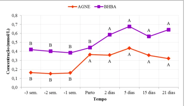 Figura  1:  Comportamento  das  concentrações  séricas  médias  (mmol/L)  de  AGNE  e  BHBA  de  vacas multíparas da raça Holandesa na terceira (-3 sem), segunda (-2 sem) e primeira (-1 sem)  semanas  pré-parto,  parto  e  nos  dias  2,  5,  15  e  21  pós