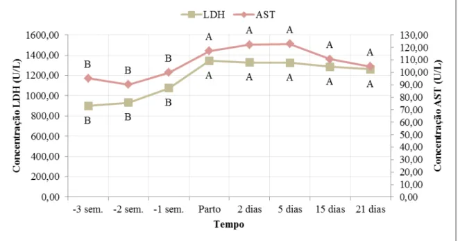 Figura  4:  Comportamento  das  atividades  séricas  médias  (U/L)  de  AST  e  LDH  de  vacas  pluríparas da raça holandesa na terceira (-3 sem), segunda (-2 sem) e primeira (-1 sem) semanas  pré-parto,  parto  e  nos  dias  2,  5,  15  e  21  pós-parto  
