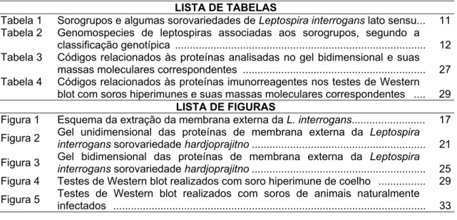 Tabela 1 Sorogrupos e algumas sorovariedades de Leptospira interrogans lato sensu... 11 Tabela 2 Genomospecies de leptospiras associadas aos sorogrupos, segundo a