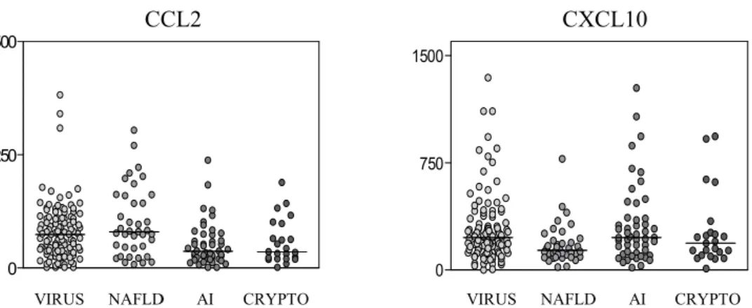 Figure 1. CXCL10 and CCL2 median serum concentrations (pg/ml) in patients with chronic liver disease  according to etiologic groups: VIRUS - chronic viral hepatitis B or C ( ), NAFLD - nonalcoholic fat liver  disease ( ), AI - autoimmune liver disorders (a