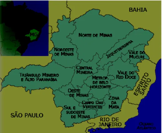 FIGURA 1 - Mapa do estado de Minas Gerais e divisão geográfica  das 12 mesorregiões.  