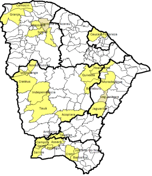 Figura 2.  Localização  de  municípios  das  mesorregiões  do  Ceará com  propriedades de caprinos em que foram colhidas amostras, 1997.