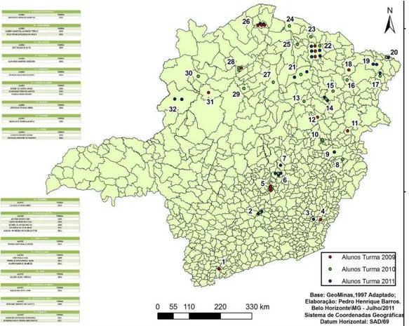 Figura 1  Mapa da distribuição de origem dos alunos do LECAMPO.  Autor: Pedro  Henrique Barros, professor bolsista REUNI, Agosto de 2011.