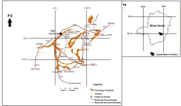 FIGURA 1: Mapa de localização e das principais vias de acesso ao Quadrilátero Ferrífero, MG