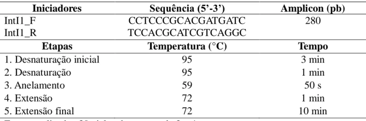 Tabela 1. Iniciadores e programa utilizados para amplificação do gene intI dos isolados  de E