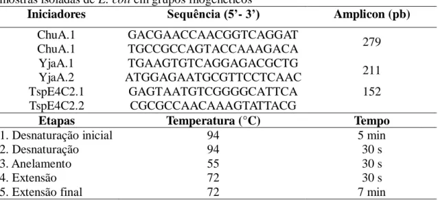 Tabela  3.  Iniciadores  e  programa  utilizados  na  PCR  triplex  para  classificação  das  amostras isoladas de E