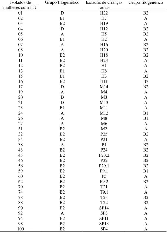 Tabela  4.  Classificação  dos  isolados  de  E.  coli  de  mulheres  com  ITU  e  de  crianças  sadias em grupos filogenéticos (A, B1, B2 e D) 