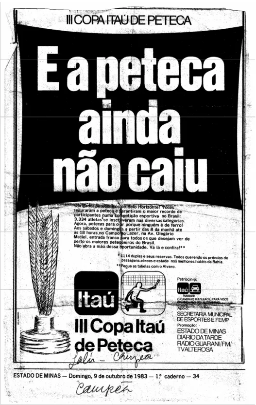 FIGURA 9 – Recorte do Jornal Estado de Minas,. 1º caderno. 9 out. 1983, p. 34. Divulgação da III Copa Itaú  de Peteca