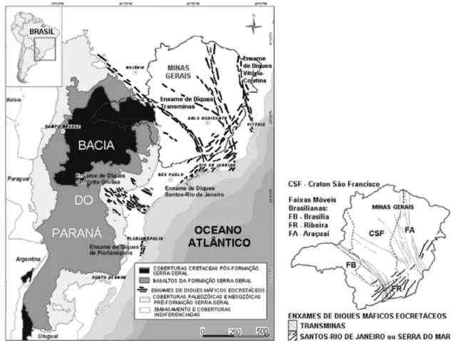 Figura  2:  Panorama  geral  da  LMP  Paraná-Etendeka  e  seus  diques  máficos  associados  (Tomba,  2012  e  Chaves,  2014,  modificado)